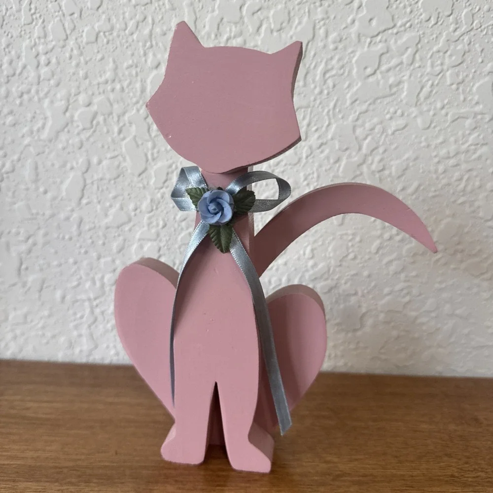 Wooden Pink Cat Folk Art Vintage Cottage Core Grandma Core